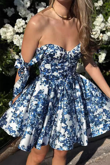 Sexy Prom Floral Print Lace Up Ruched Square Neck Evening Dresses Blue