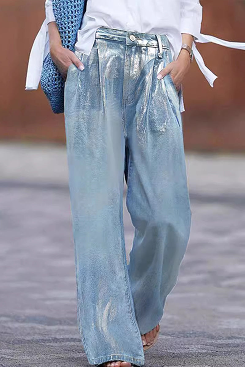 Casual Street Gradient Print Pocket Sequined Contrast High Waist Loose Denim Jeans Light Blue