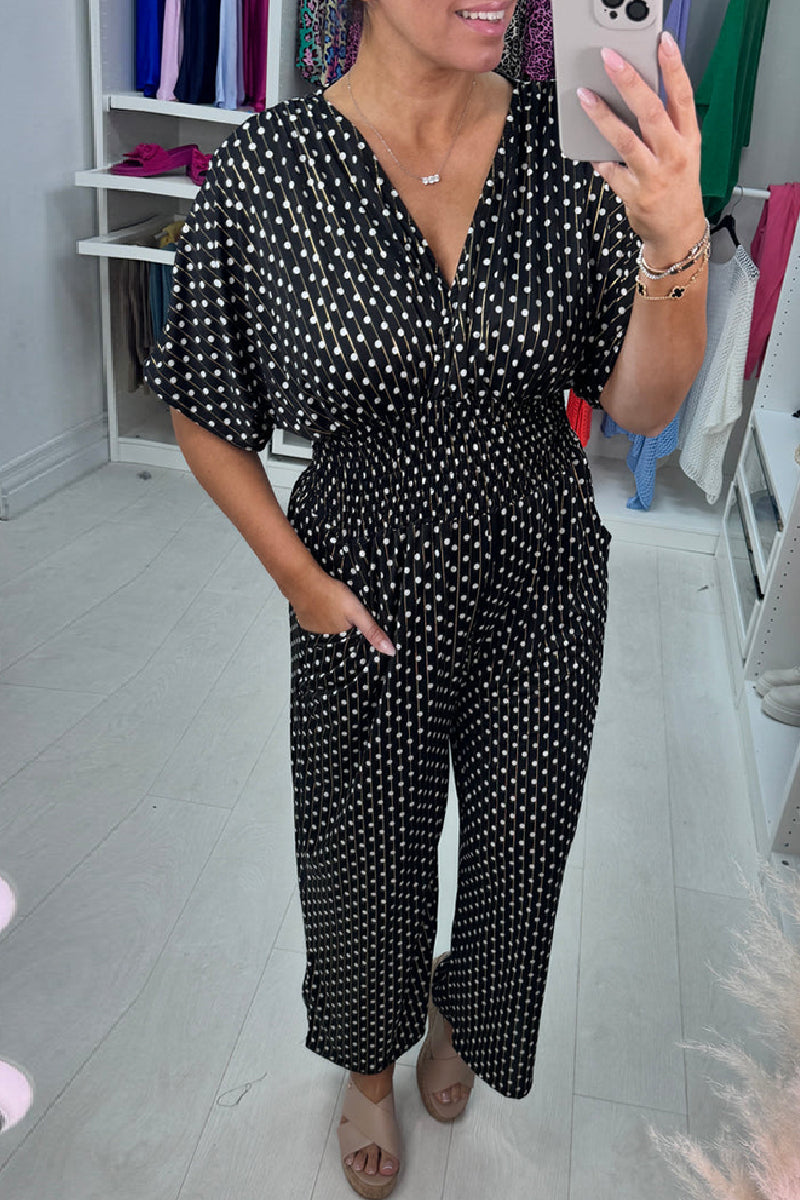 Casual Polka Dot Print Patchwork V Neck Regular Jumpsuits(3 Colors) Black