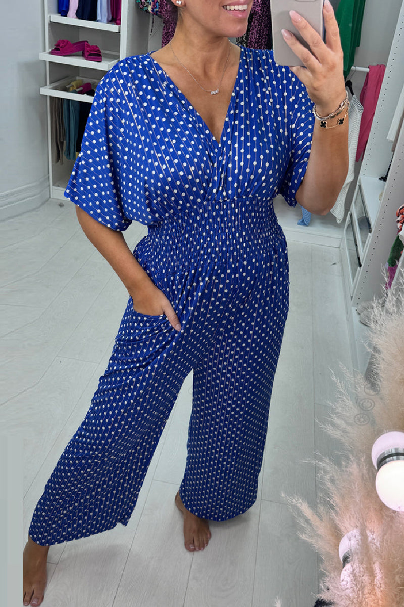 Casual Polka Dot Print Patchwork V Neck Regular Jumpsuits(3 Colors) Blue