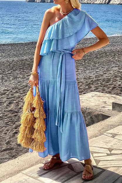 Sexy Solid Color Lace Up Ruffle Sloping Shoulder Irregular Dresses(3 Colors) Sky Blue