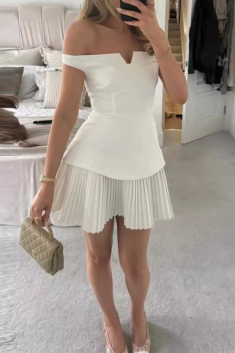 Sexy Celebrities Solid Color Patchwork Pleated Off Shoulder Mini Dresses White