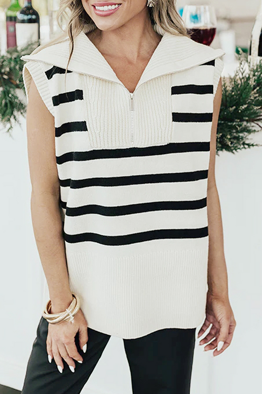 Casual Stripe Zipper Knit Turndown Collar Tops White