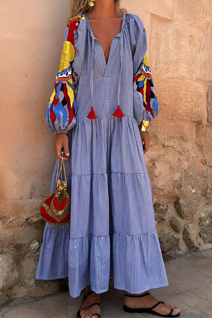 Elegant Striped Print Fringed Trim Patchwork Ruffle V Neck A Line Dresses Blue