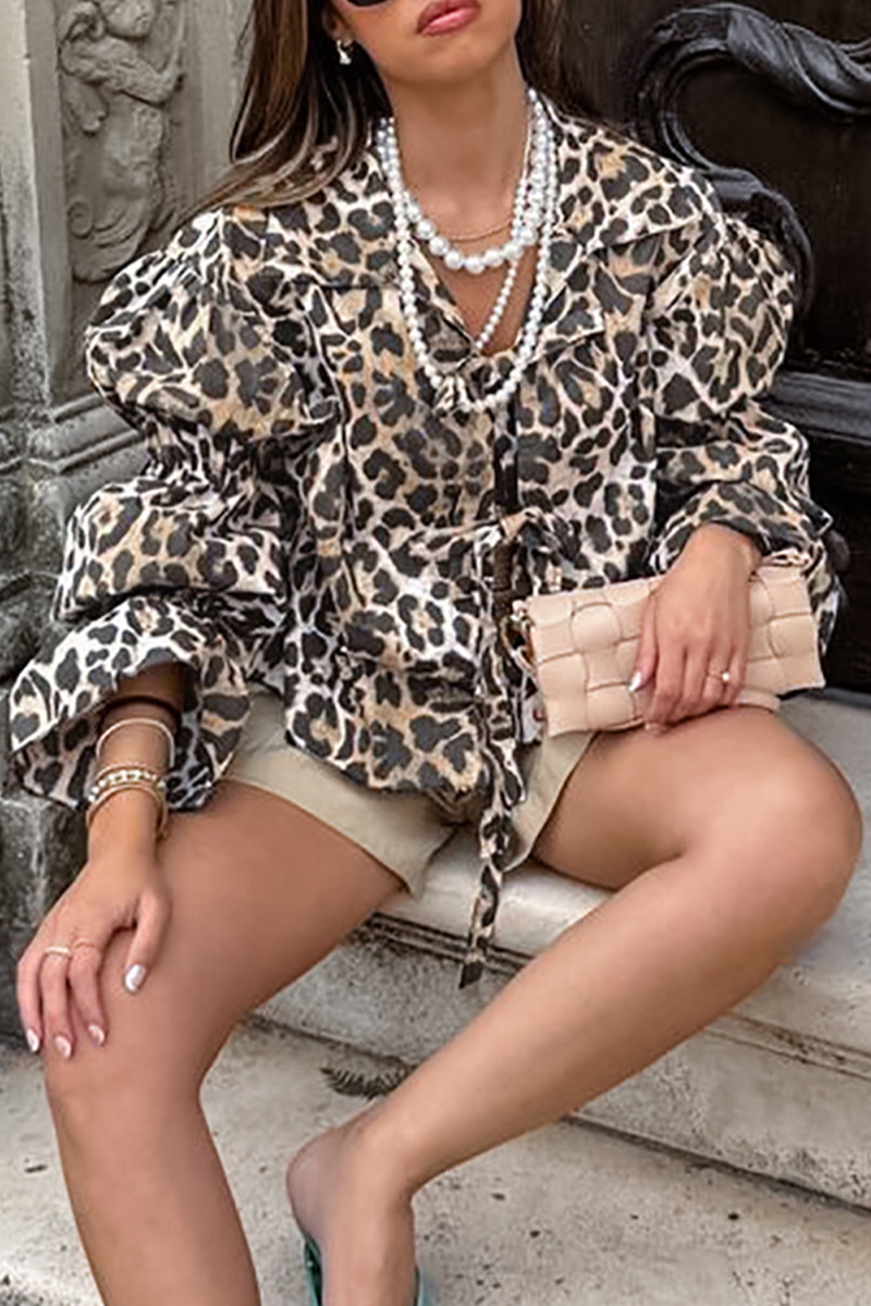 Casual Street Leopard Print Lace Up Turndown Collar Blouses