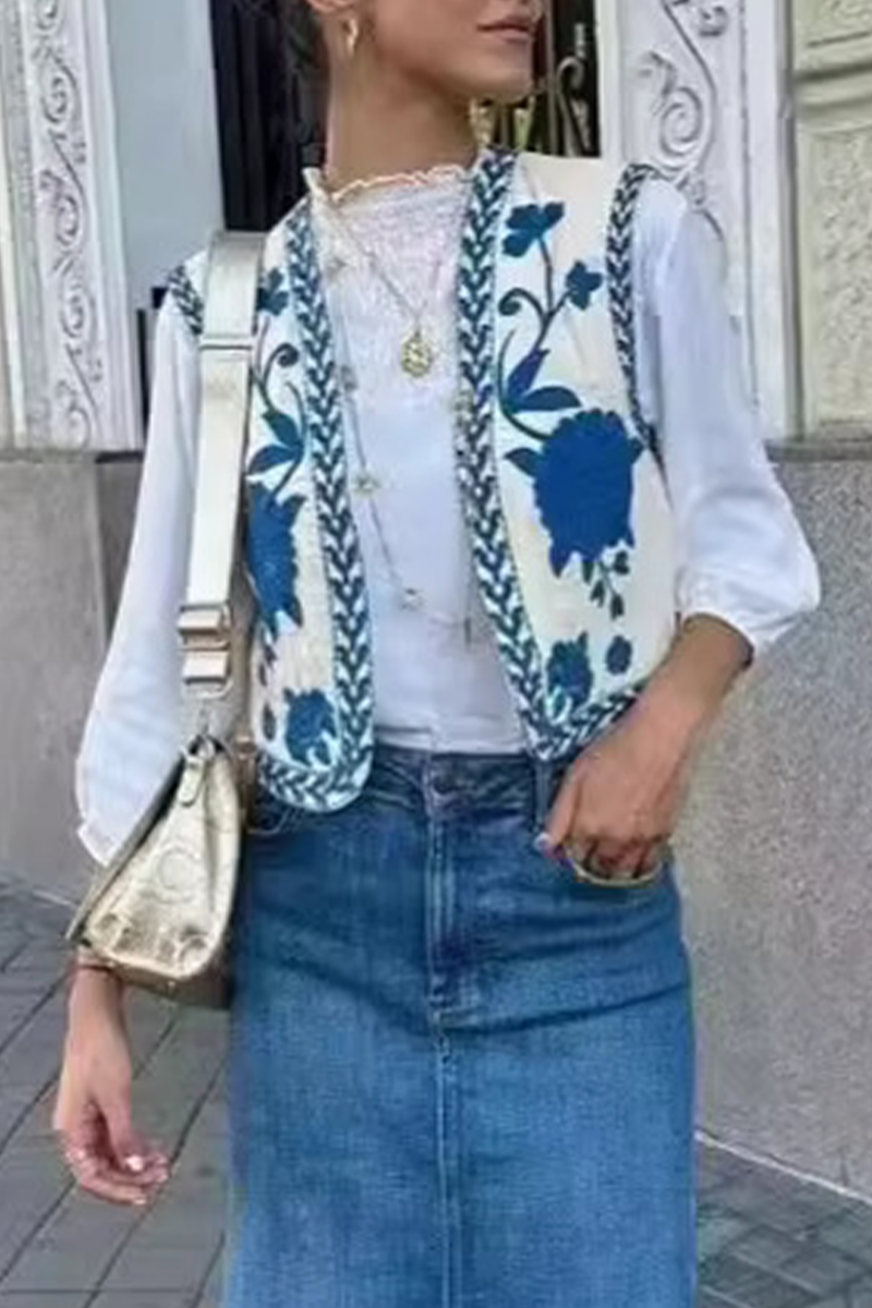 Casual Floral Print Embroidered Cardigan Collar Waistcoats Blue