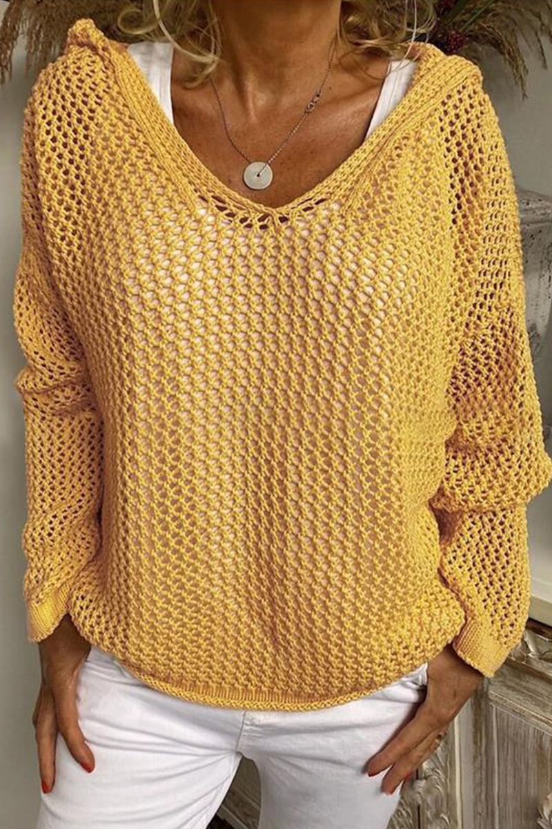 Casual Daily Solid Color Hollow Out Hooded Sweaters(6 Colors) Yellow