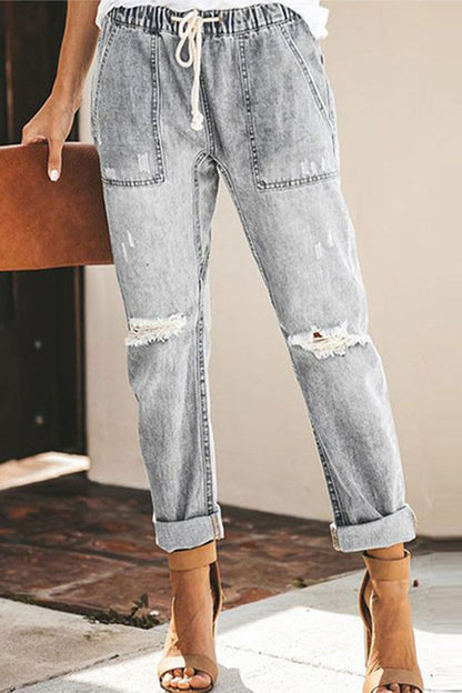 Casual Street Solid Color Ripped Draw String Pocket Denim Jeans(4 Colors) Grey