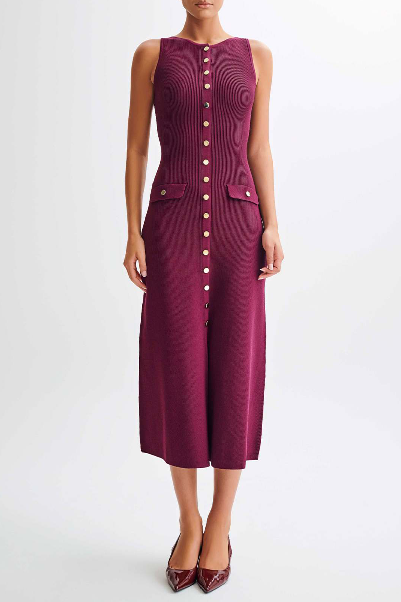 Elegant Solid Color Buckle O Neck Sleeveless Dresses(4 Colors) Fuchsia