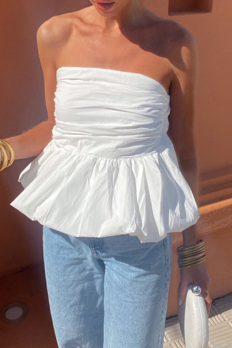 Sexy Daily Solid Color Ruffle Strapless Tops White