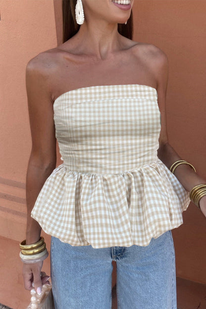 Sexy Plaid Ruched Contrast Strapless Tops(3 Colors)