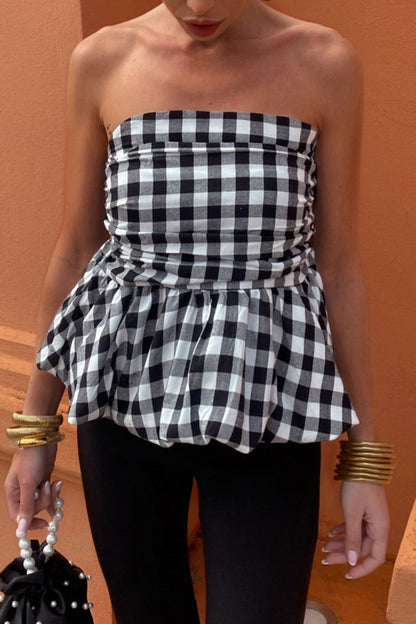 Sexy Plaid Ruched Contrast Strapless Tops(3 Colors)