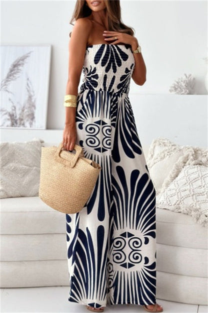 Casual Print Backless Strapless Bodycon Jumpsuits(3 Colors) Tibetan Blue