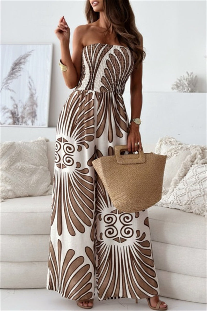 Casual Print Backless Strapless Bodycon Jumpsuits(3 Colors) Camel