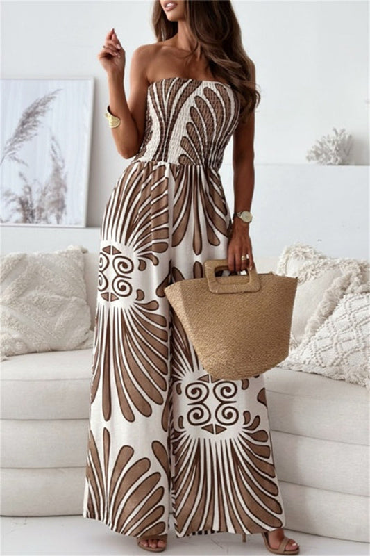 Casual Print Backless Strapless Bodycon Jumpsuits(3 Colors) Camel