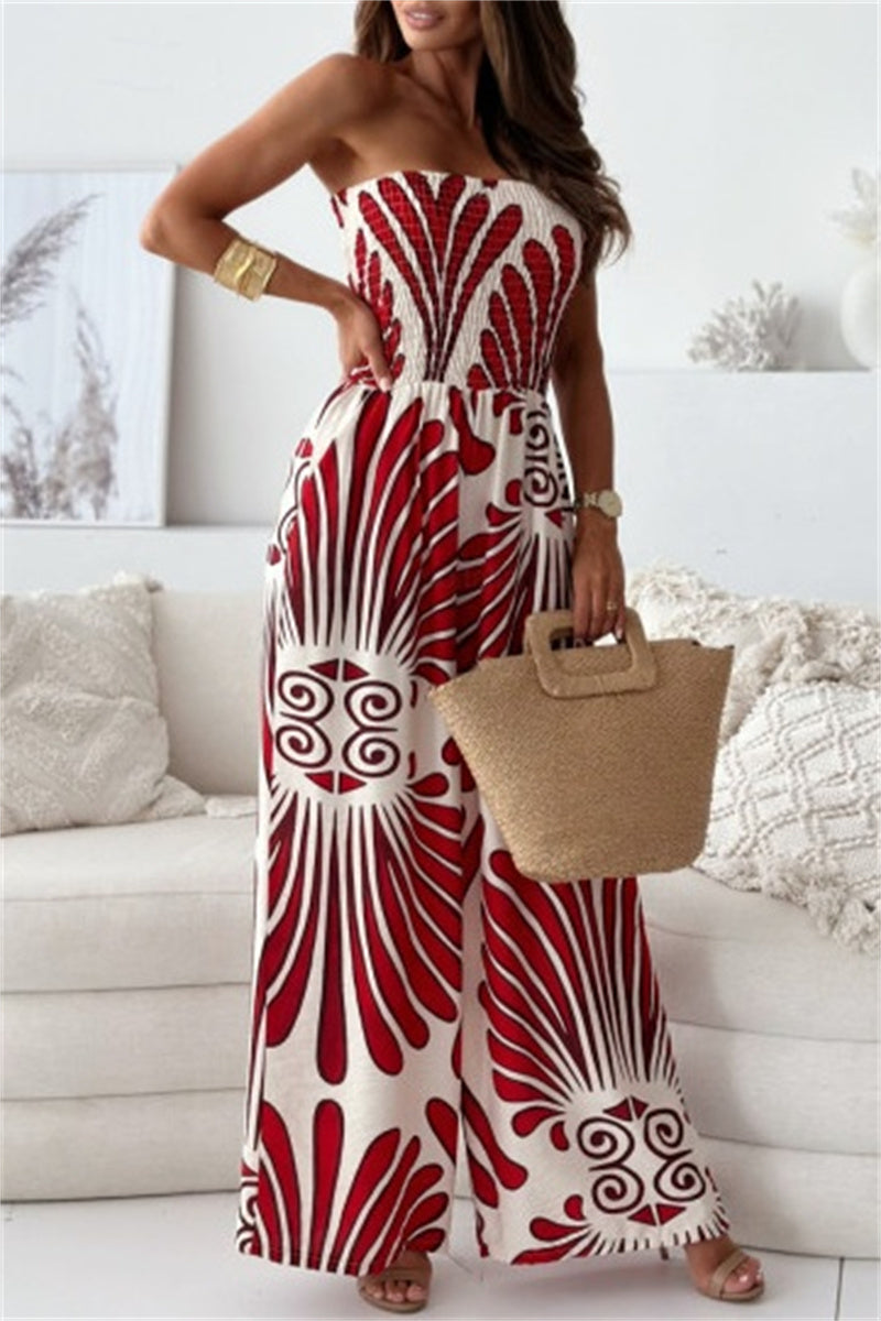 Casual Print Backless Strapless Bodycon Jumpsuits(3 Colors) Red