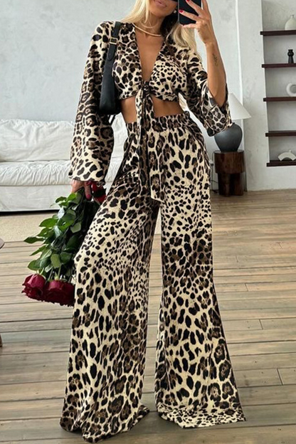 Sexy Street Leopard Print Lace Up V Neck Long Sleeve Two Pieces Leopard Print