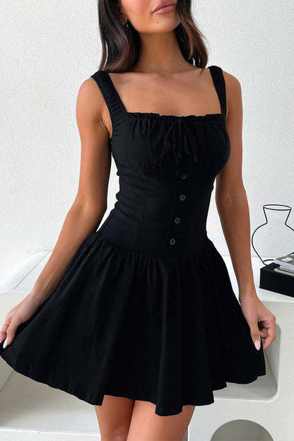 Sexy Solid Color Lace Up Ruched Square Neck Sling Dresses(4 Colors) Black