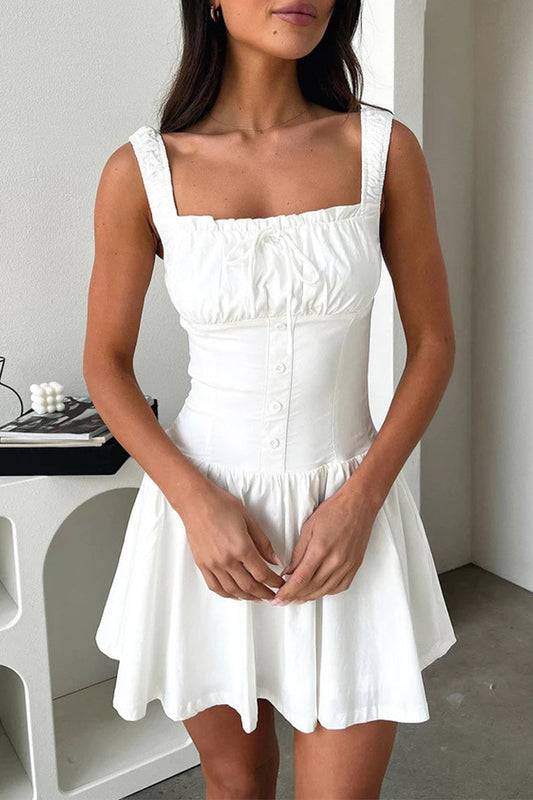 Sexy Solid Color Lace Up Ruched Square Neck Sling Dresses(4 Colors) White