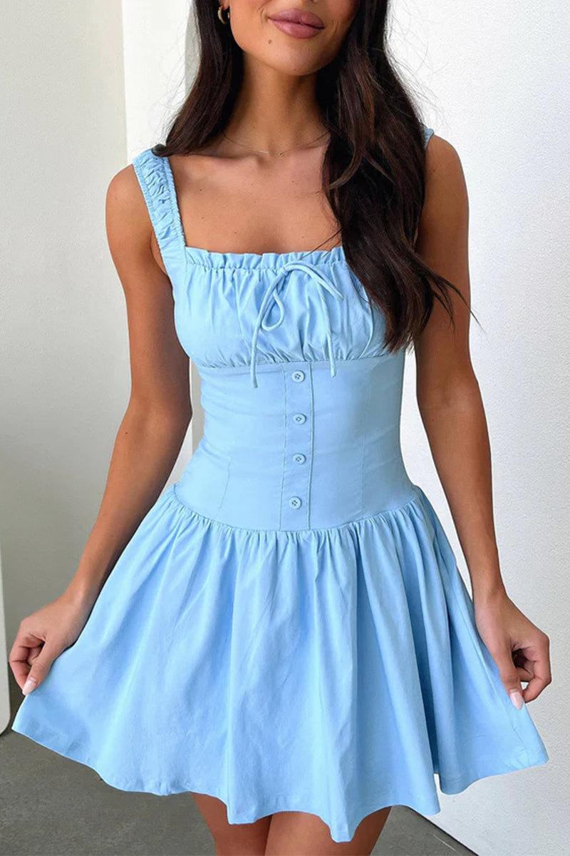 Sexy Solid Color Lace Up Ruched Square Neck Sling Dresses(4 Colors) Sky Blue