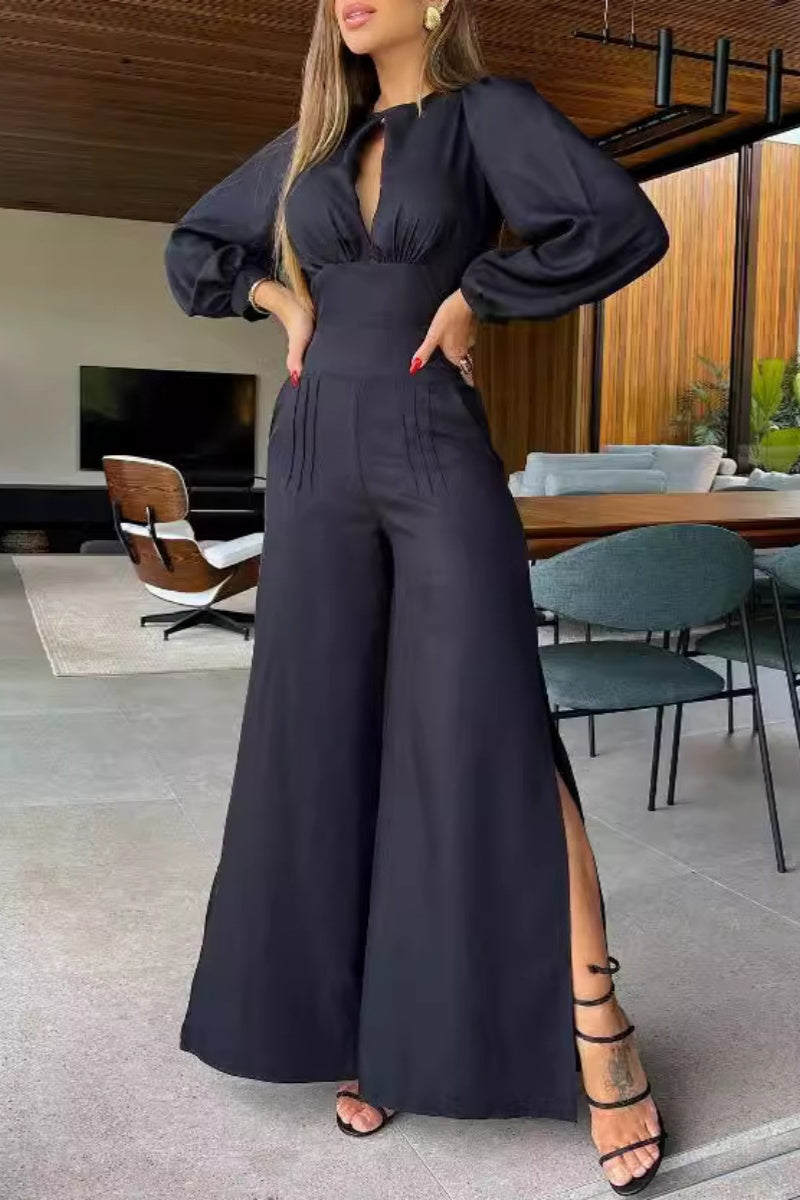 Casual Solid Color Hollow Out Backless Slit Belted O Neck Bodycon Jumpsuits