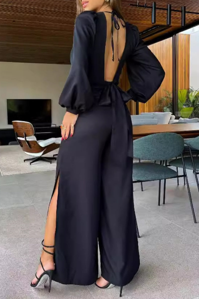 Casual Solid Color Hollow Out Backless Slit Belted O Neck Bodycon Jumpsuits