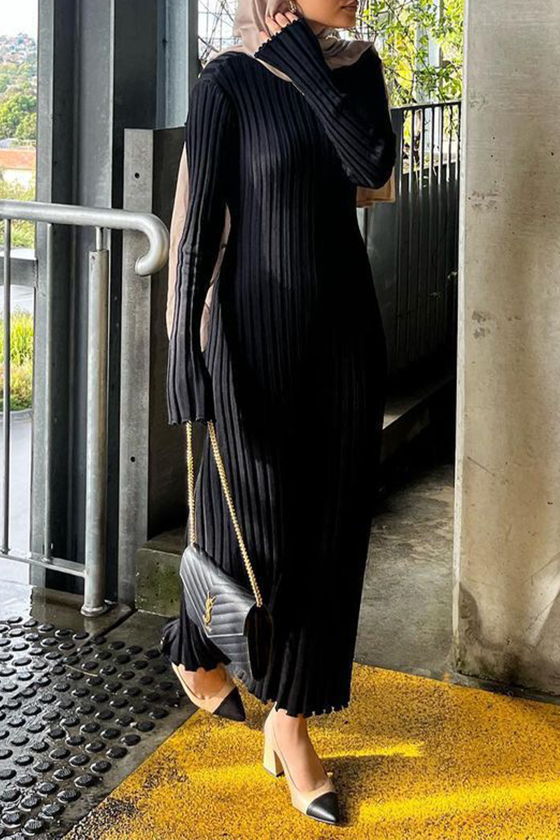 Casual Daily Solid Color Potholes O Neck Long Sleeve Dresses