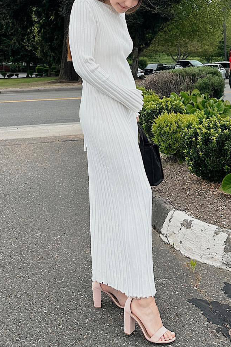 Casual Daily Solid Color Potholes O Neck Long Sleeve Dresses