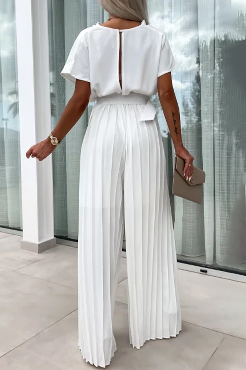 Casual Solid Color With Belt Pleated Pile Heap Collar Loose Jumpsuits