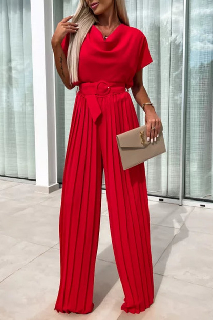 Casual Solid Color With Belt Pleated Pile Heap Collar Loose Jumpsuits