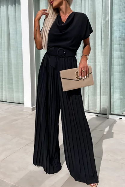 Casual Solid Color With Belt Pleated Pile Heap Collar Loose Jumpsuits