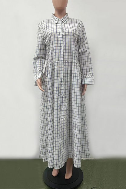 Casual Street Plaid Buckle Turndown Collar Long Sleeve Dresses