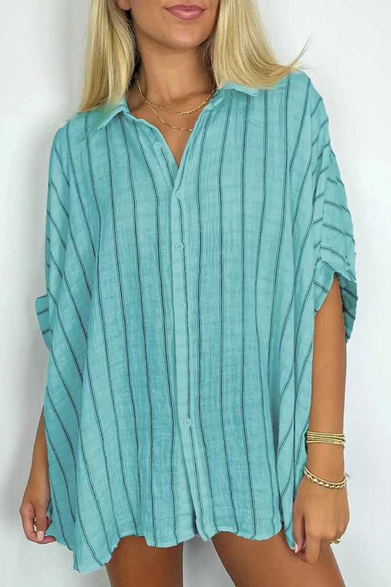 Casual Daily Stripe Buttons Turndown Collar Blouses(8 Colors)