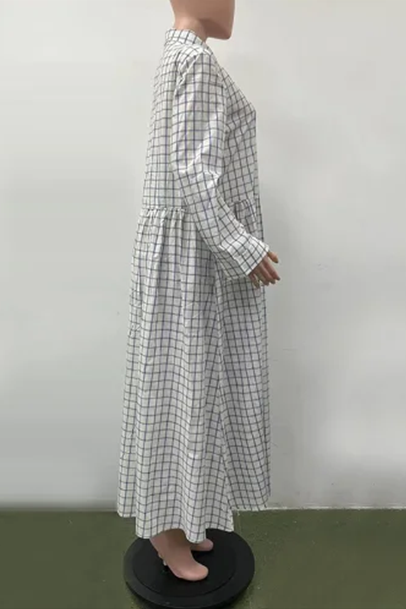 Casual Street Plaid Buckle Turndown Collar Long Sleeve Dresses