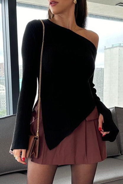 Sexy Solid Color Slit Irregular Oblique Collar Tops