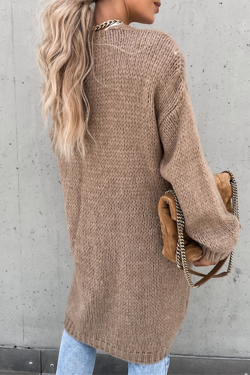 Casual Daily Solid Color Weave Cardigan Collar Tops