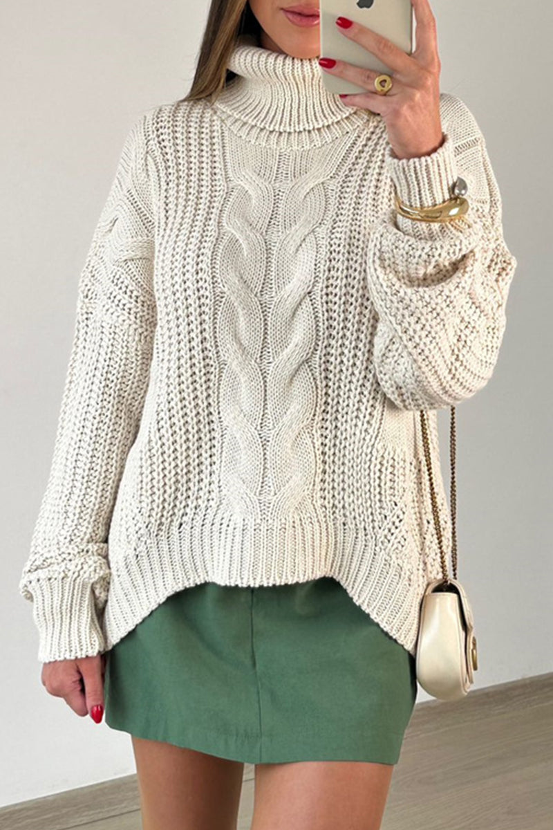 Casual Daily Solid Color Patchwork Weave Turtleneck Tops