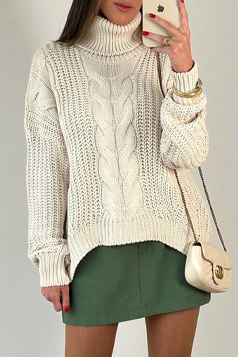 Casual Daily Solid Color Patchwork Weave Turtleneck Tops