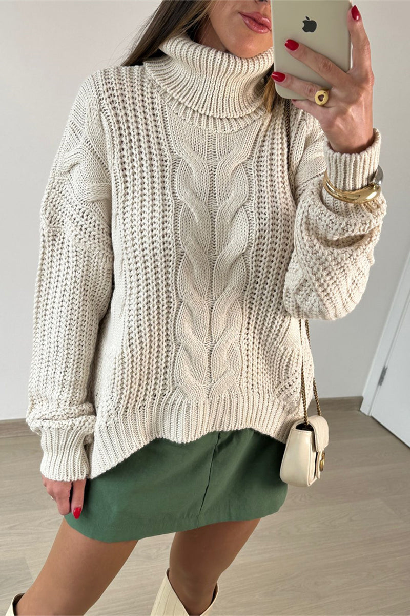 Casual Daily Solid Color Patchwork Weave Turtleneck Tops