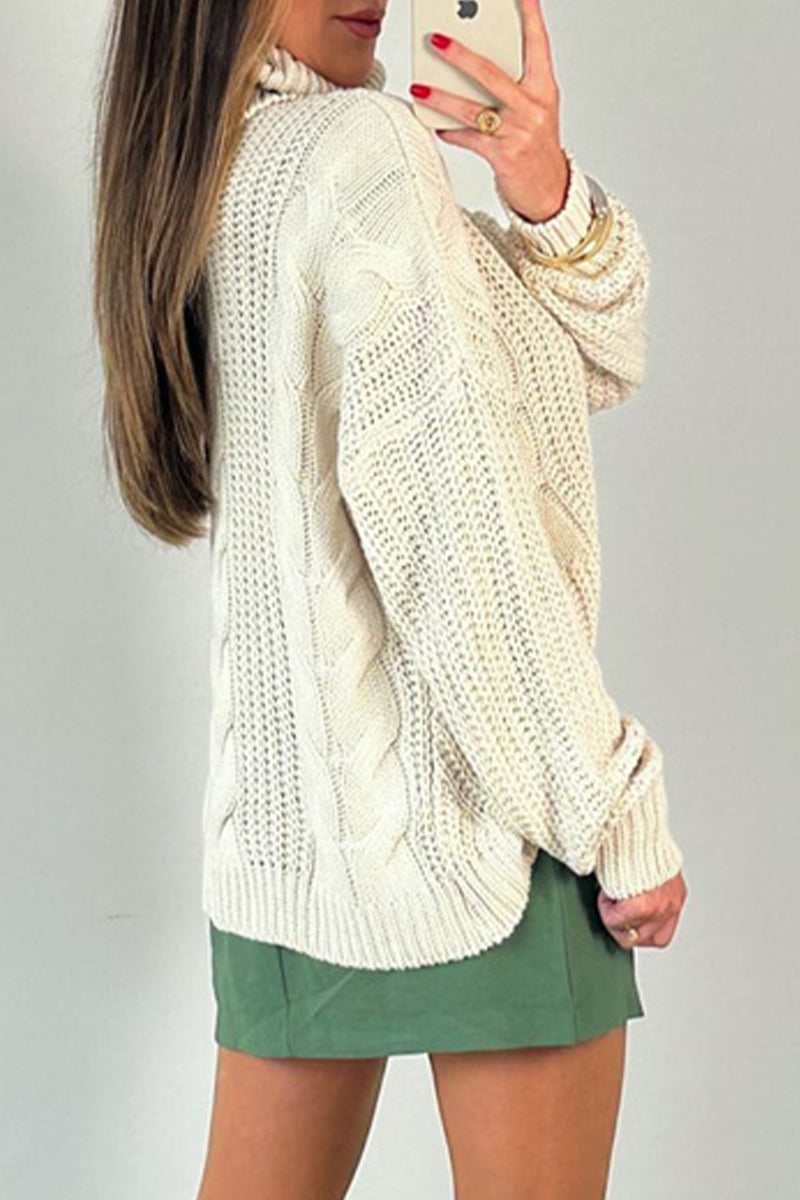 Casual Daily Solid Color Patchwork Weave Turtleneck Tops