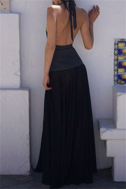 Sexy Casual Print Backless Belted Halter Long Dresses