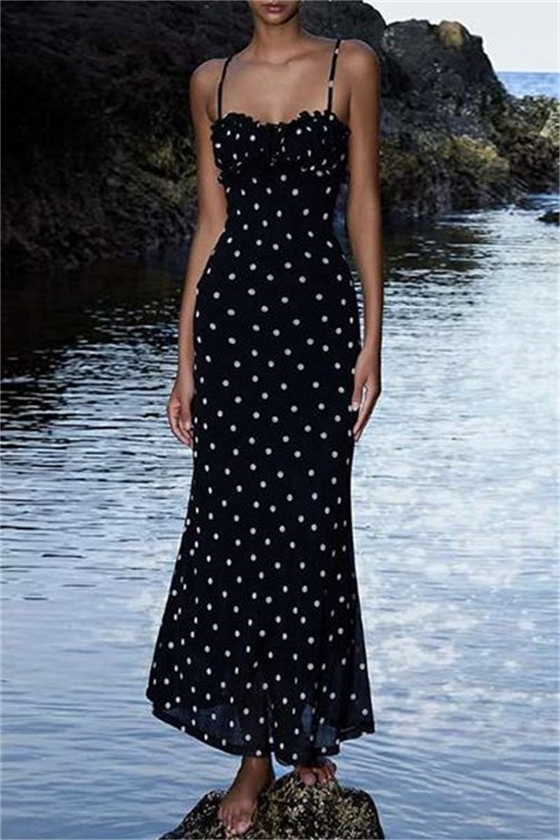 Sexy Casual Polka Dot Print Backless Spaghetti Strap Long Dresses