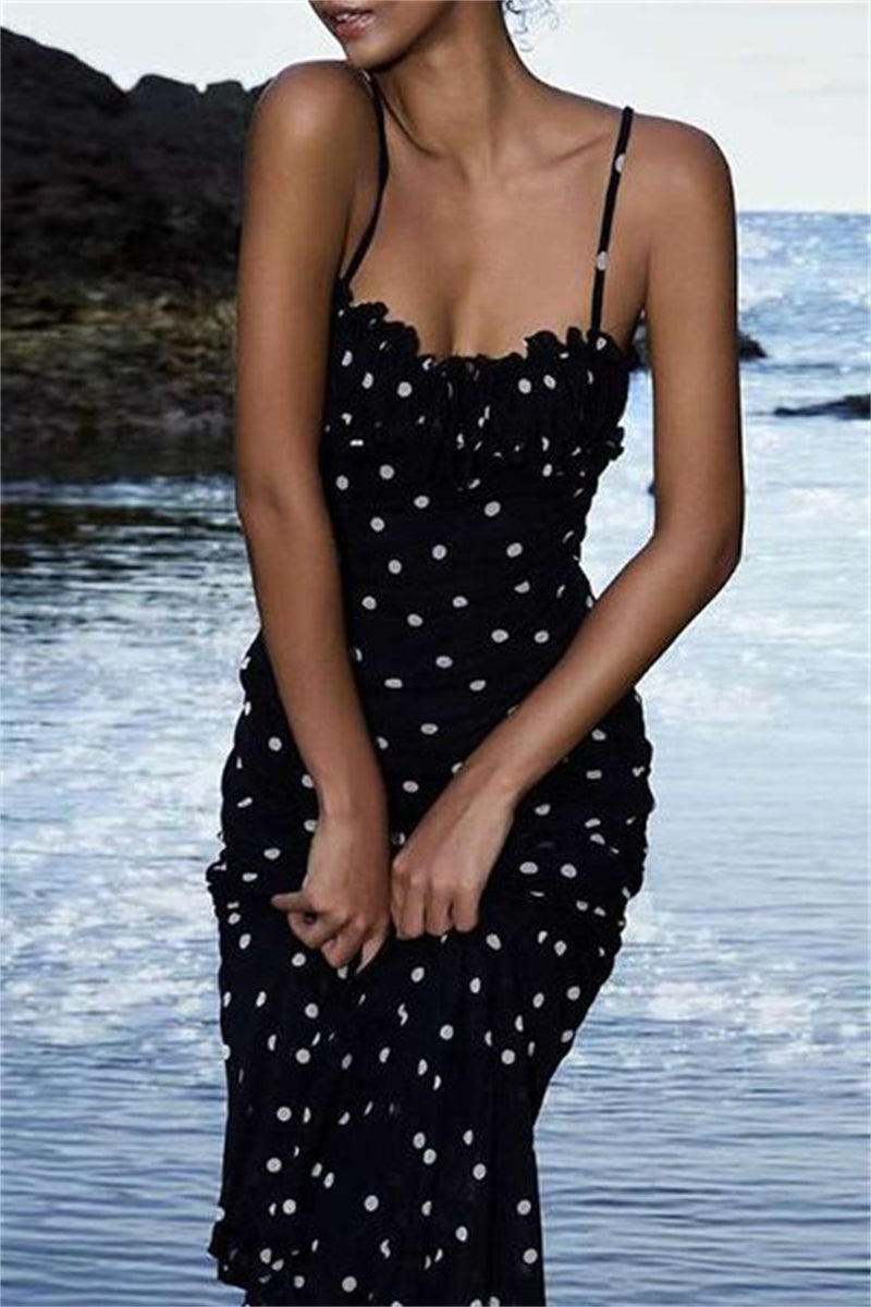 Sexy Casual Polka Dot Print Backless Spaghetti Strap Long Dresses