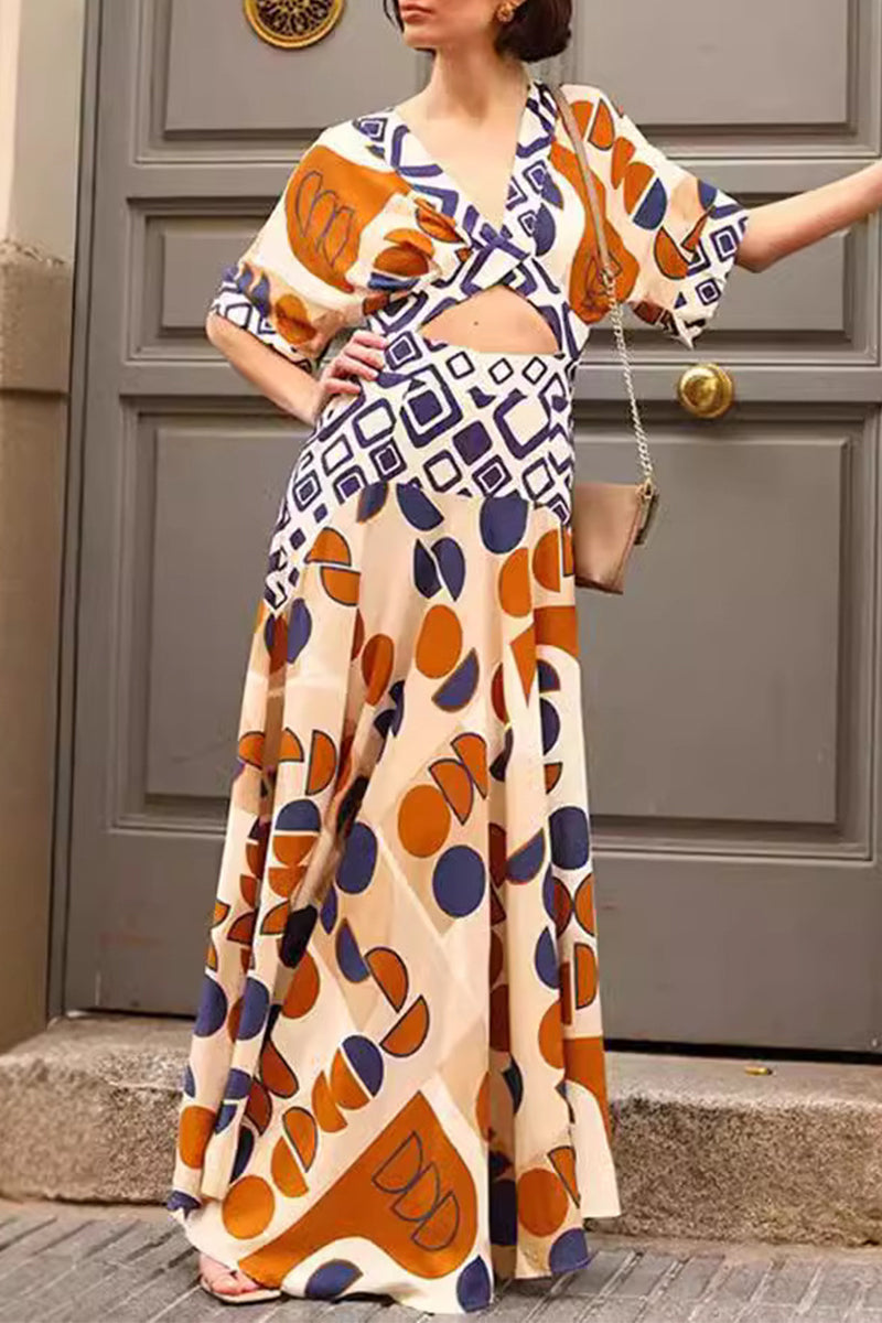 Elegant Geometric Print Hollow Out V Neck Short Sleeve Dresses