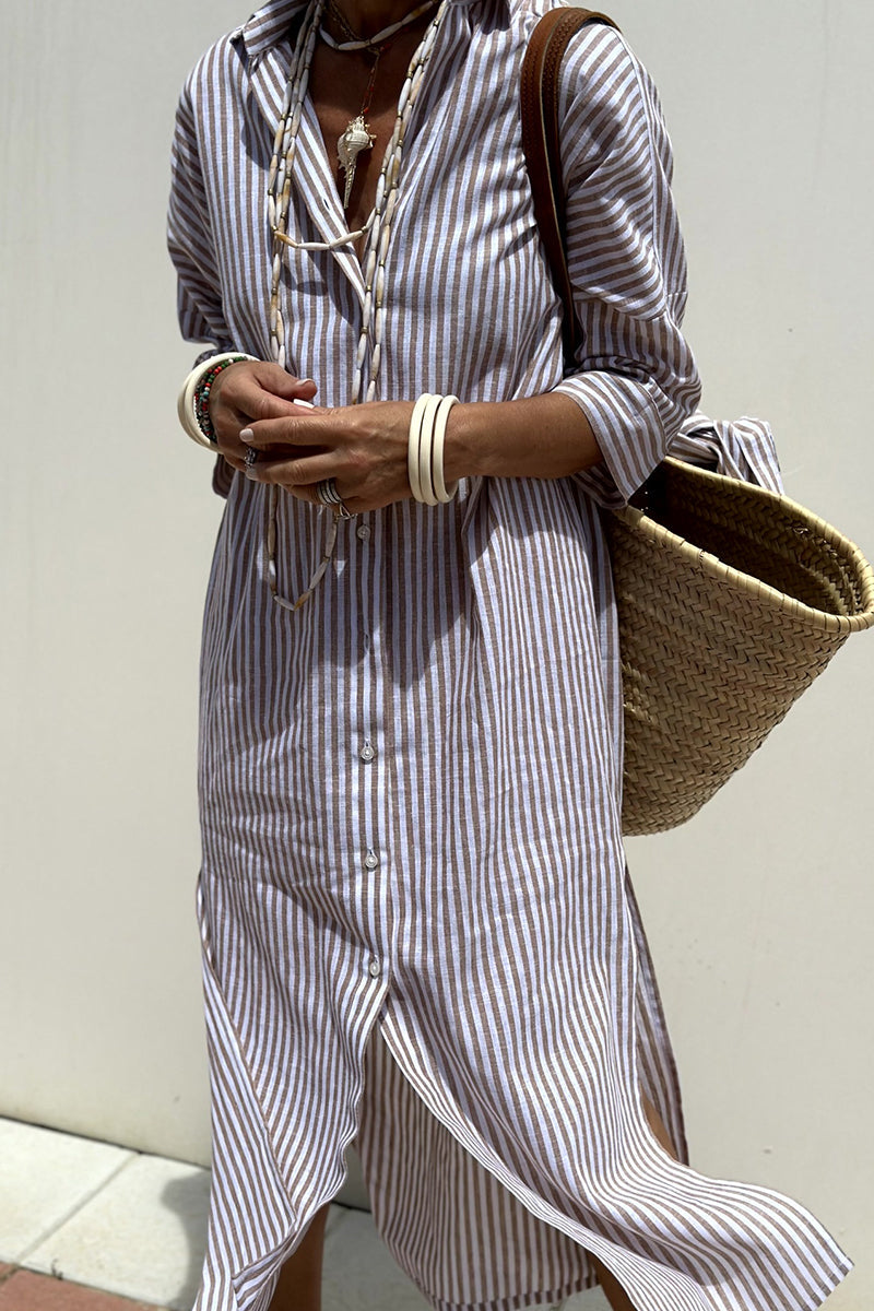 Casual Plaid Striped Print Buttons With Belt Turndown Collar Shirt Dresses(5 Colors)