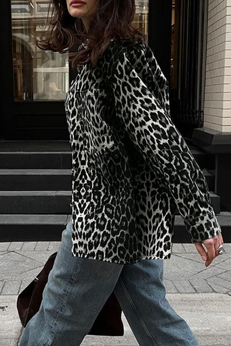 Casual Street Leopard Print Buttons Turndown Collar Tops