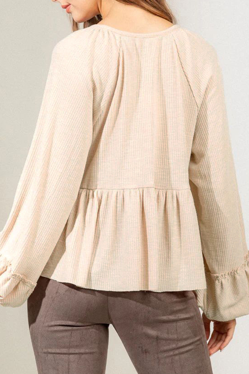 Casual Daily Solid Color Buttons Ruched Potholes V Neck Tops