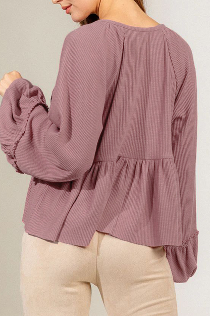 Casual Daily Solid Color Buttons Ruched Potholes V Neck Tops