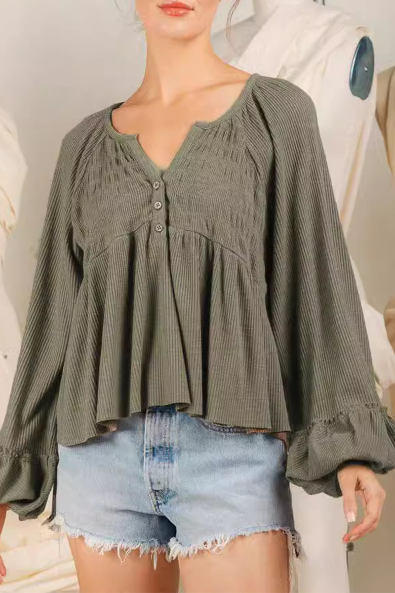 Casual Daily Solid Color Buttons Ruched Potholes V Neck Tops