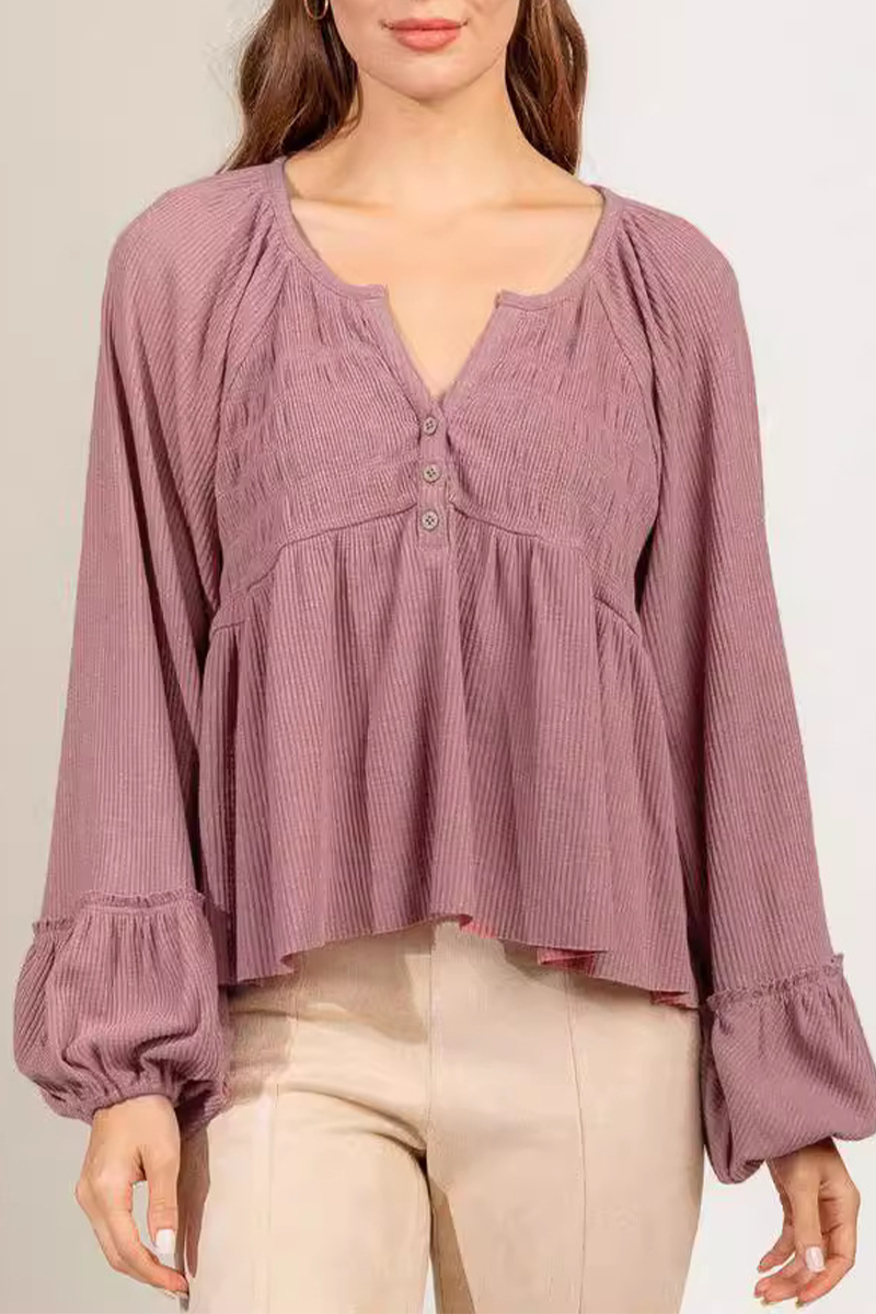 Casual Daily Solid Color Buttons Ruched Potholes V Neck Tops